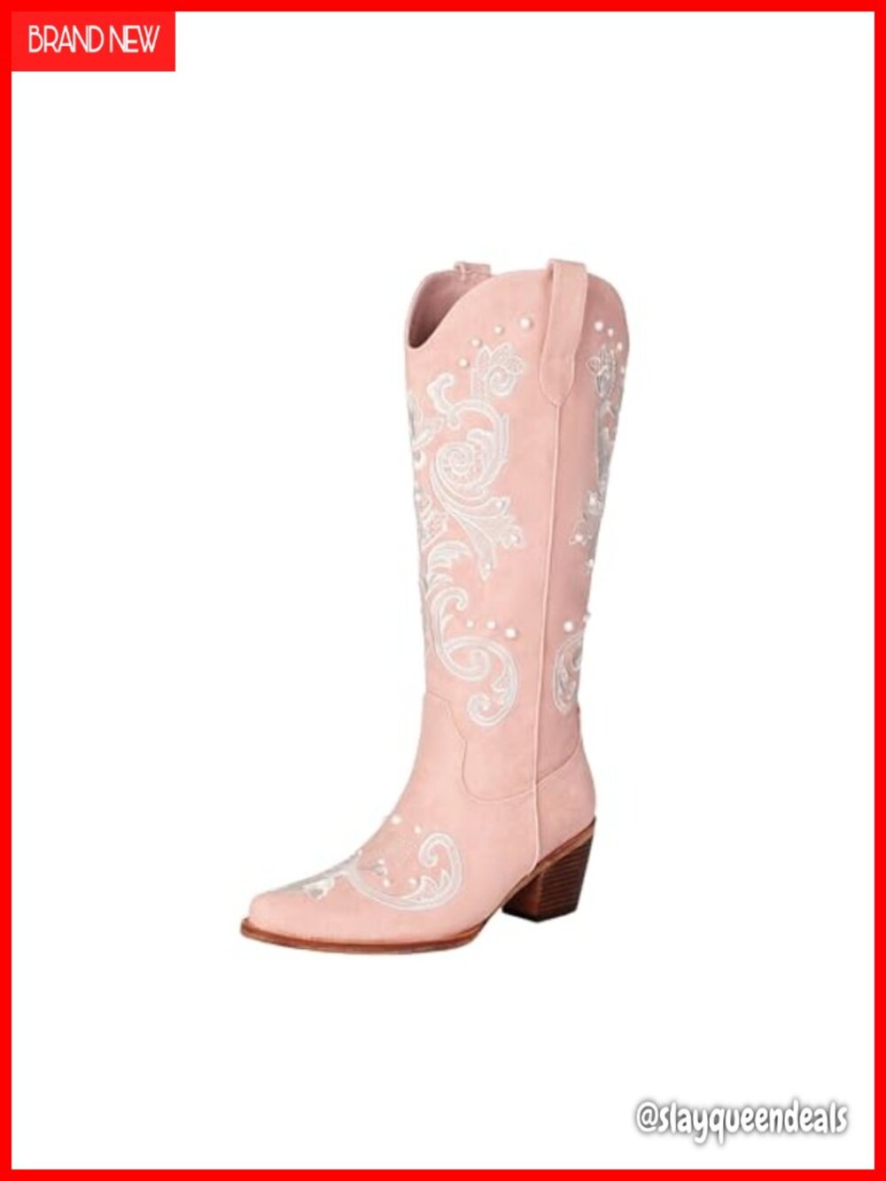 Women's Cowboy Boots Pearl Embroidered Faux Leather Mid Calf Chunky Heel Western